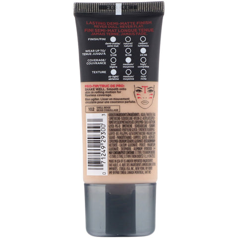 L'Oreal, Infallible Pro-Matte Foundation, 102 Shell Beige, 1 fl oz (30 ml)