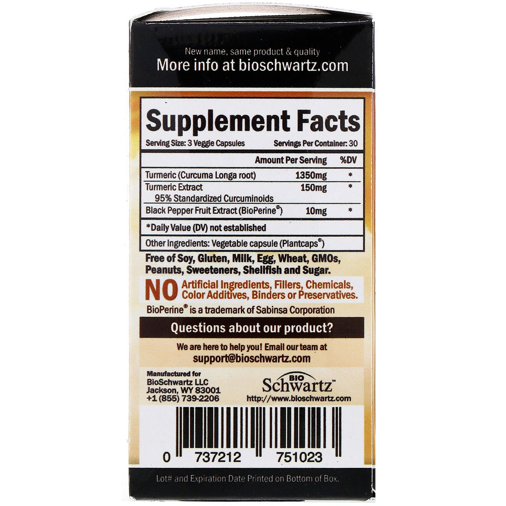 BioSchwartz, Premium Ultra Pure Turmeric Curcumin with Bioperine, 1,500 mg, 90 Veggie Caps