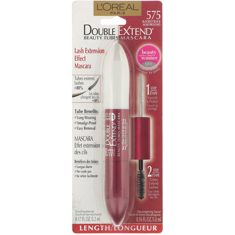 L'Oreal, Double Extend Beauty Tubes Mascara, 575 Blackest Black, 0.17 fl oz (5.2 ml) / 0.16 fl oz (5 ml)