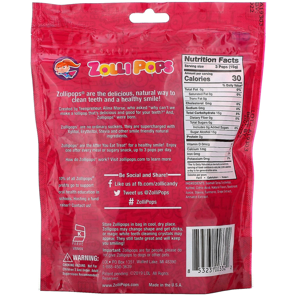 Zollipops, The Clean Teeth Pops, Raspberry, 3,1 oz