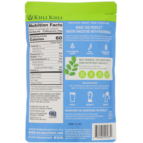 Kuli Kuli,  Moringa Green Smoothie With Plant Protein, Vanilla, 7.9 oz (224 g)