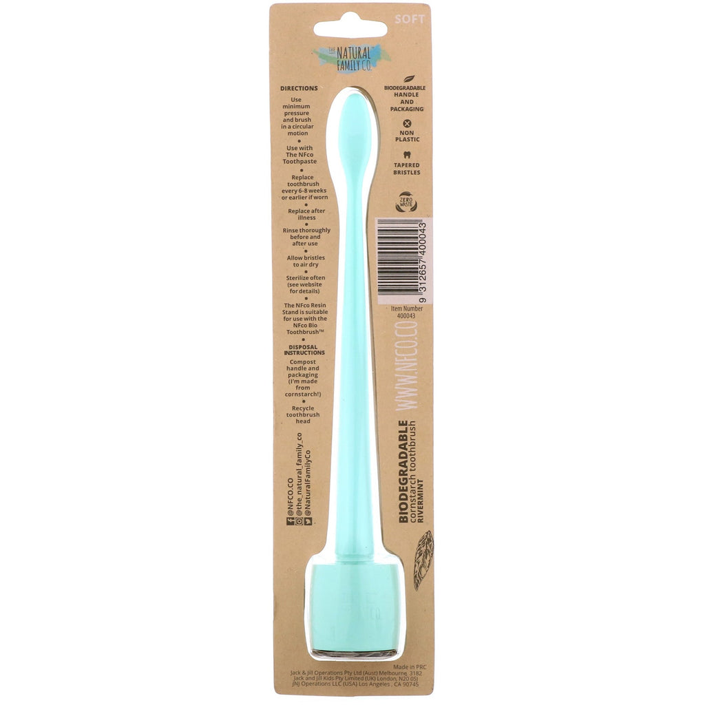 The Natural Family Co., Biodegradable Cornstarch Toothbrush, Rivermint, Soft, 1 Toothbrush & Stand