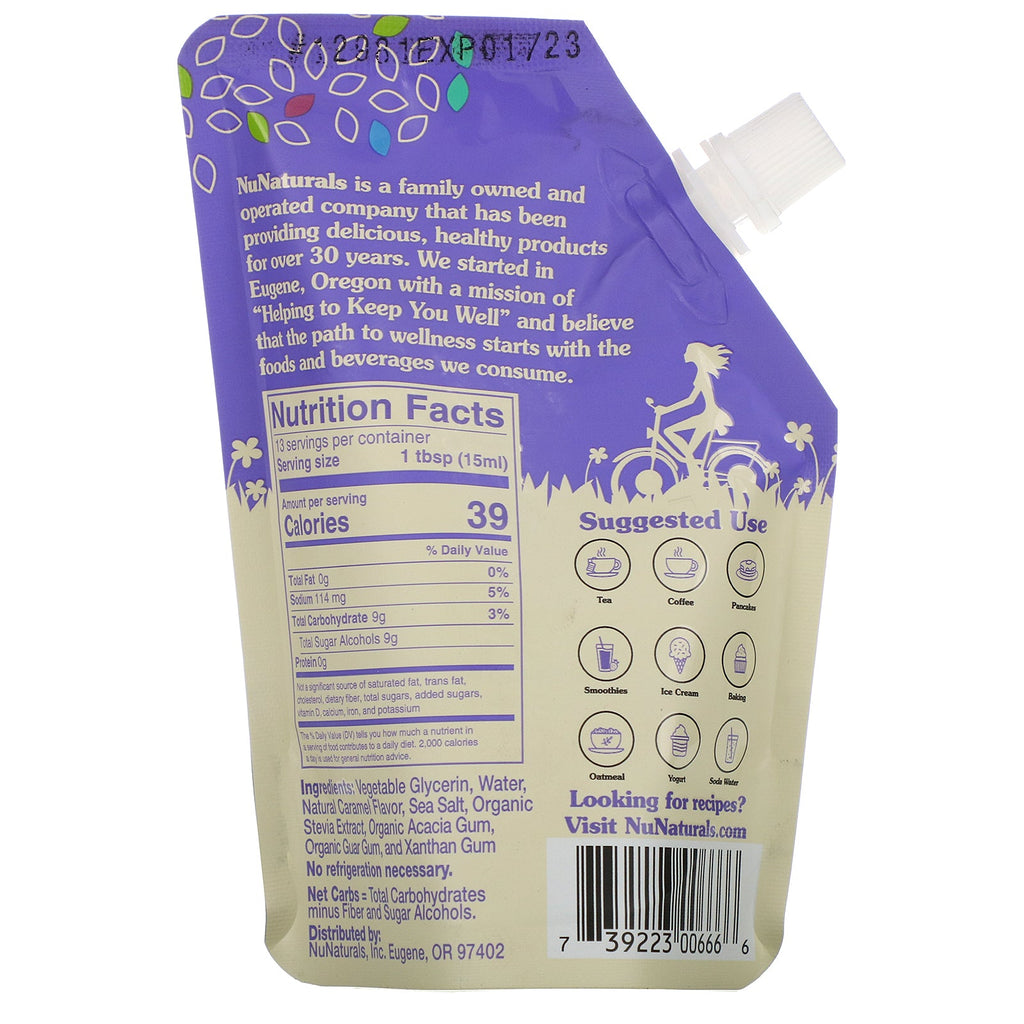 NuNaturals, NuStevia, sirup med saltet karamelsmag, der kan hældes, 6,6 fl oz (0,2 l)