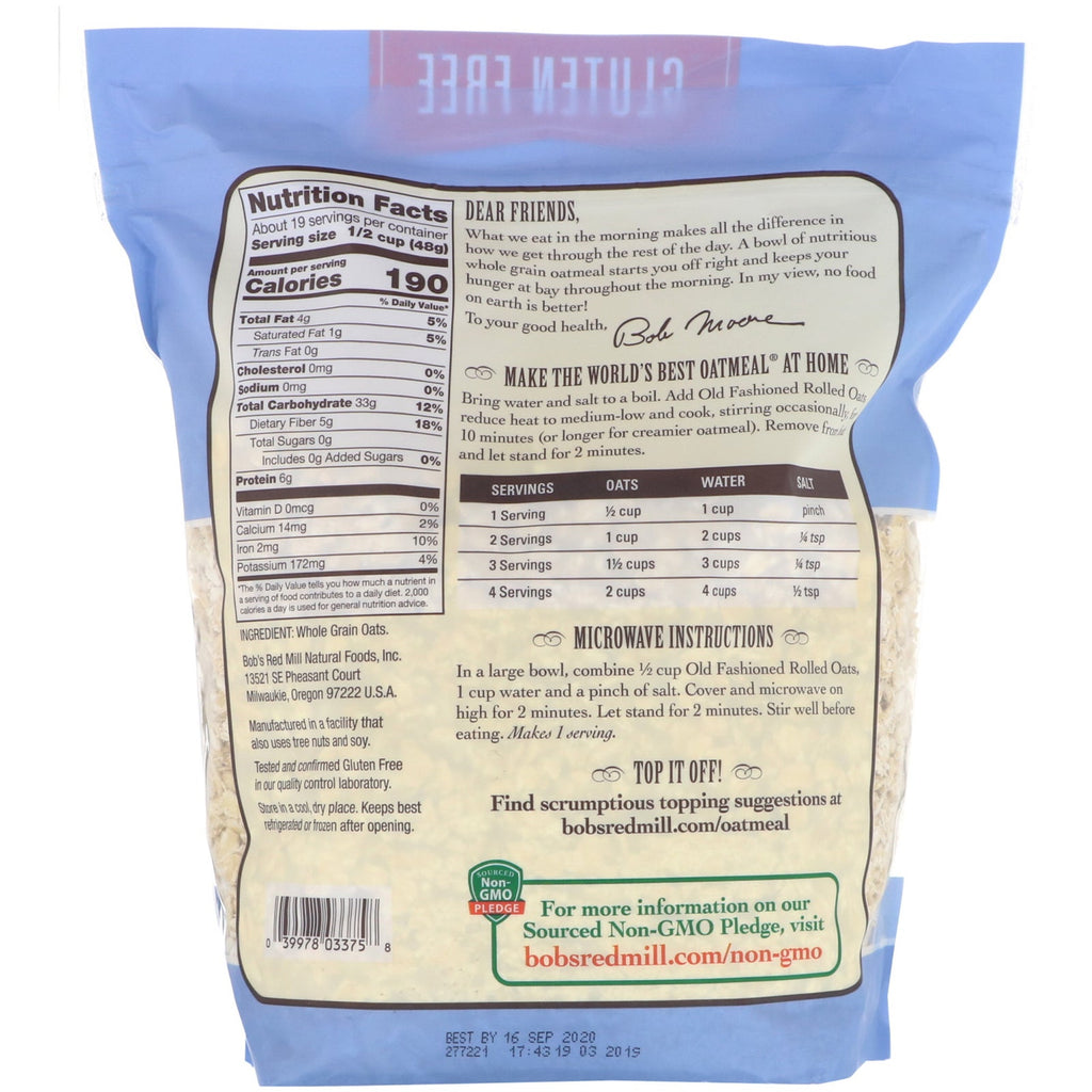 Bob's Red Mill, gammeldags valset havre, fuldkorn, glutenfri, 32 oz (907 g)