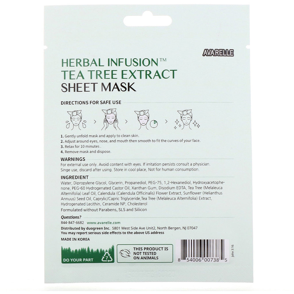 Avarelle, Herbal Infusion, Tea Tree Extract Sheet Mask, 1 Sheet, 0.7 oz (20 g)