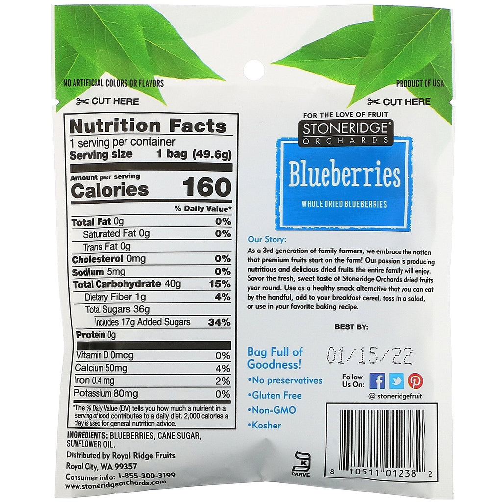 Stoneridge frugtplantager, blåbær, hele tørrede blåbær, 1,75 oz (49,6 g)