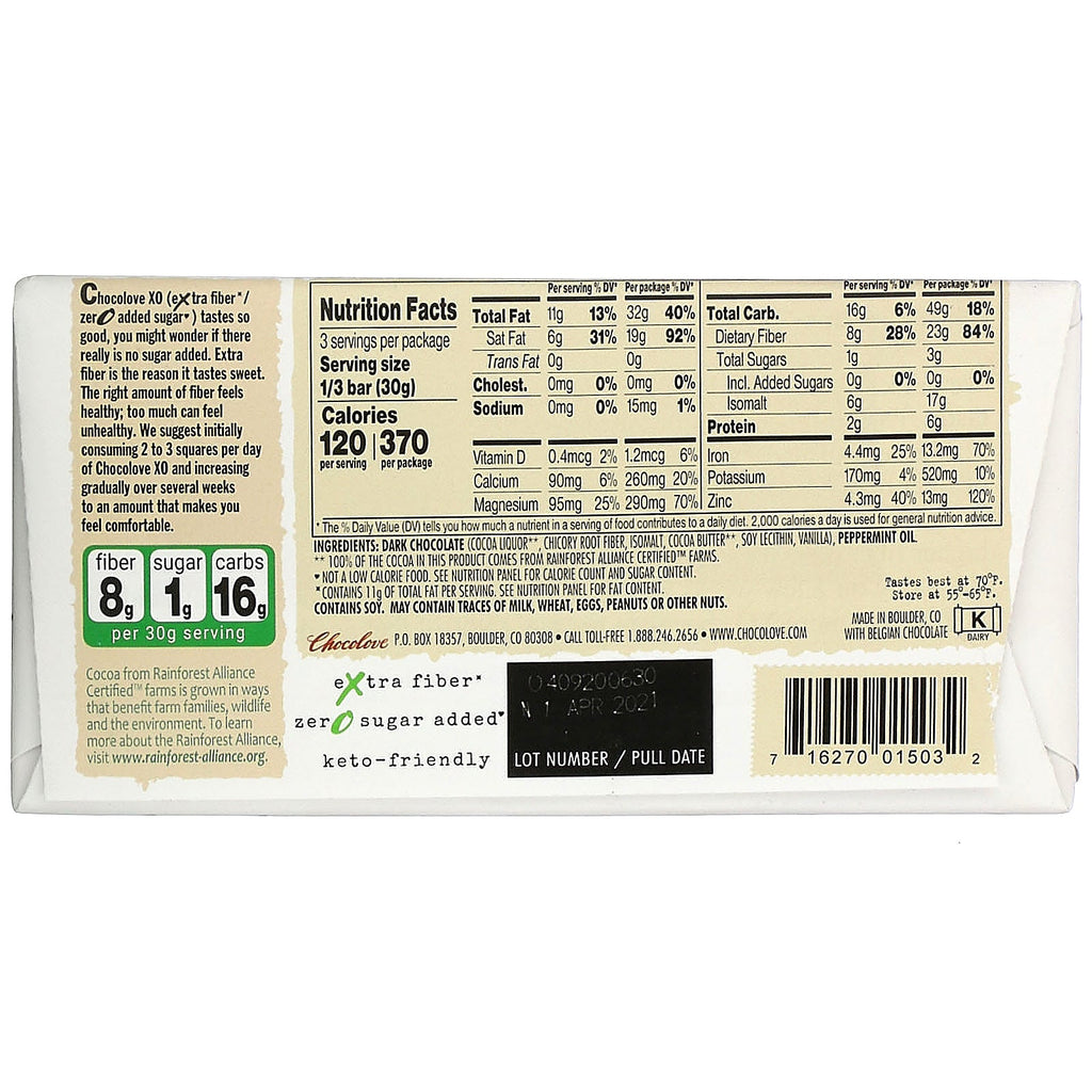 Chocolove, XO, mynte i 60 % mørk chokoladebar, 3,2 oz (90 g)