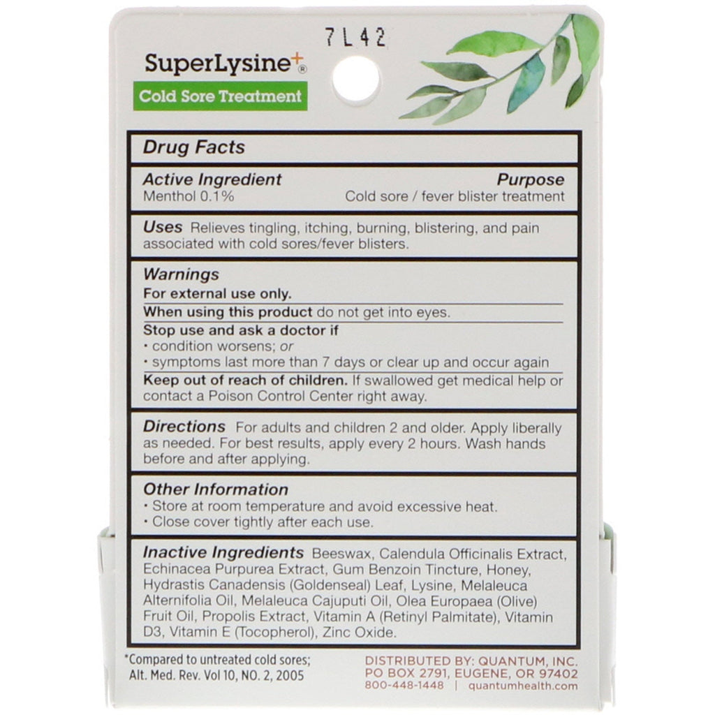 Quantum Health, Super Lysine+, behandling af forkølelsessår, 0,25 oz (7 g)