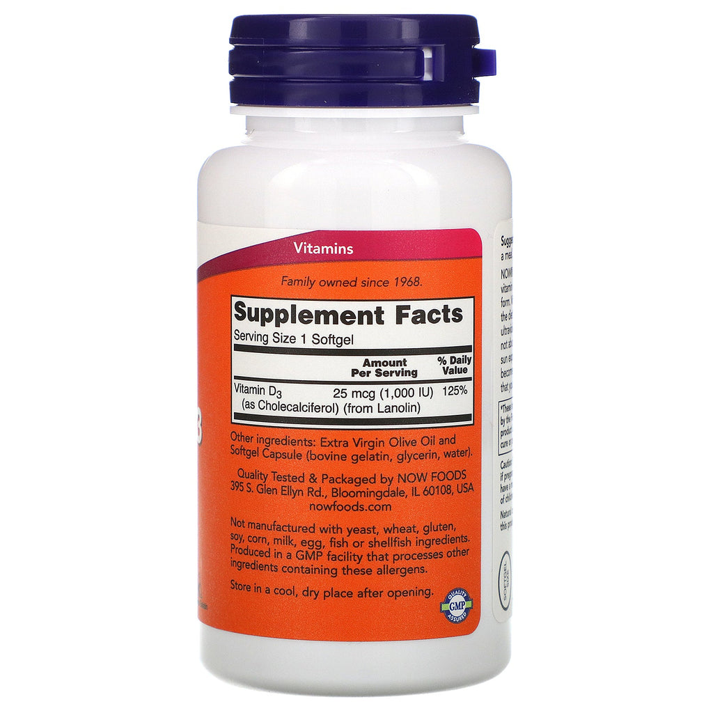 Now Foods, Vitamin D-3 High Potency, 25 mcg (1,000 IU), 180 Softgels
