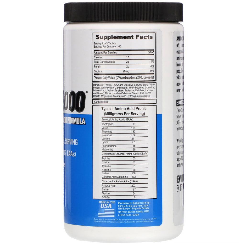 EVLution Nutrition, AMINO2000, fórmula de aminoácidos de espectro completo, 480 tabletas