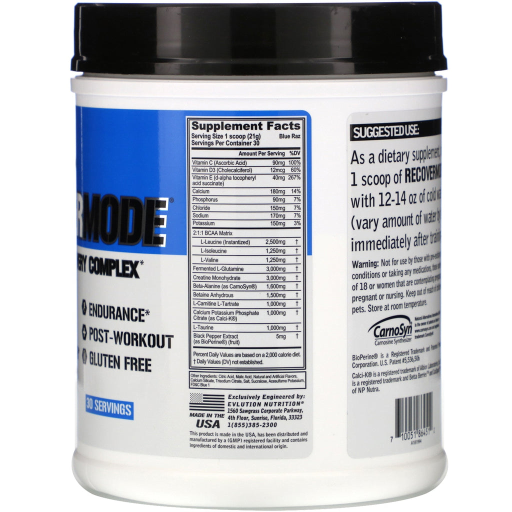 EVLution Nutrition, RECOVERMODE, Complejo de recuperación completa, Blue Raz, 22,23 oz (630 g)