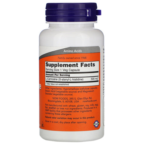 Now Foods, L-carnosina, 500 mg, 50 cápsulas vegetales