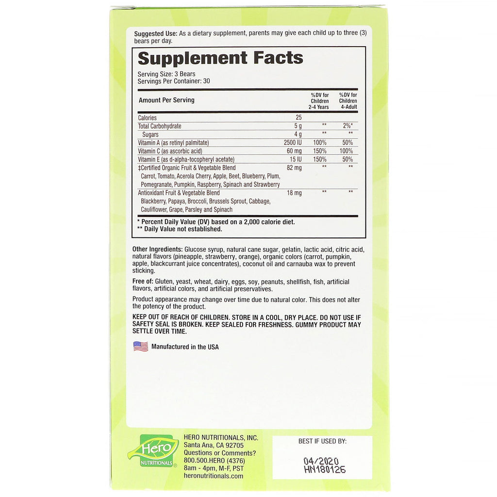 Hero Nutritional Products, Yummi Bears, Wholefood Fruit + Veggie, 90 Yummi Bears