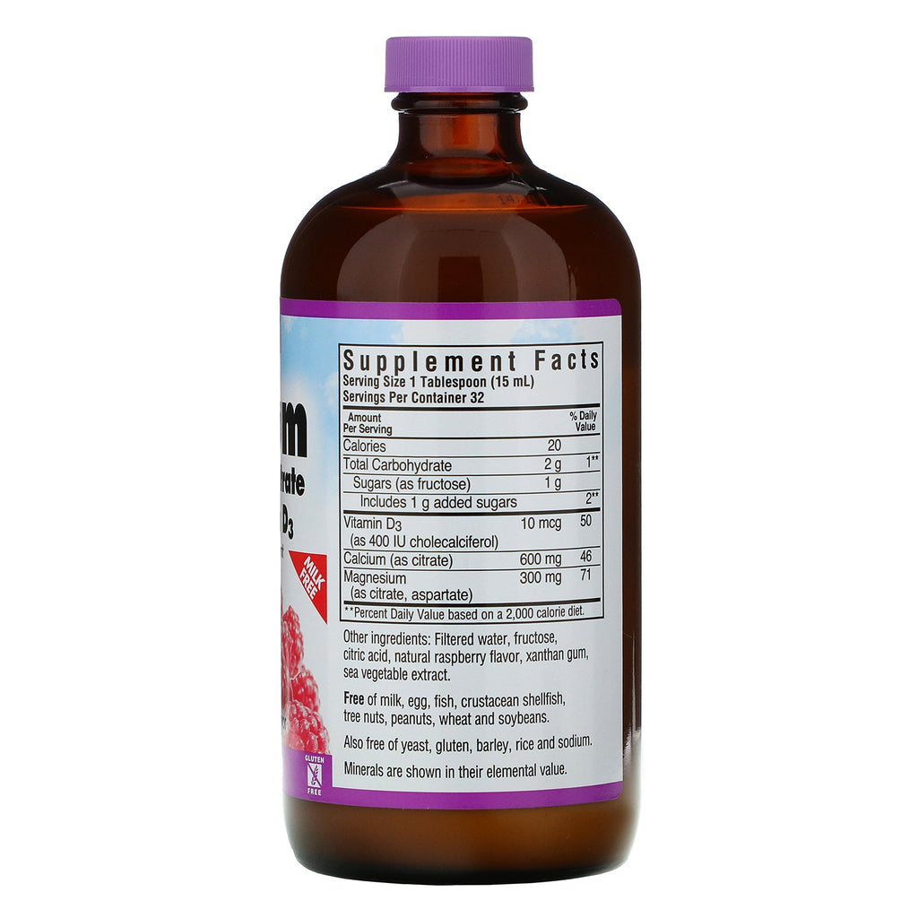 Bluebonnet Nutrition, Liquid Calcium, Magnesium Citrate Plus Vitamin D3, Natural Raspberry Flavor, 16 fl oz (472 ml)