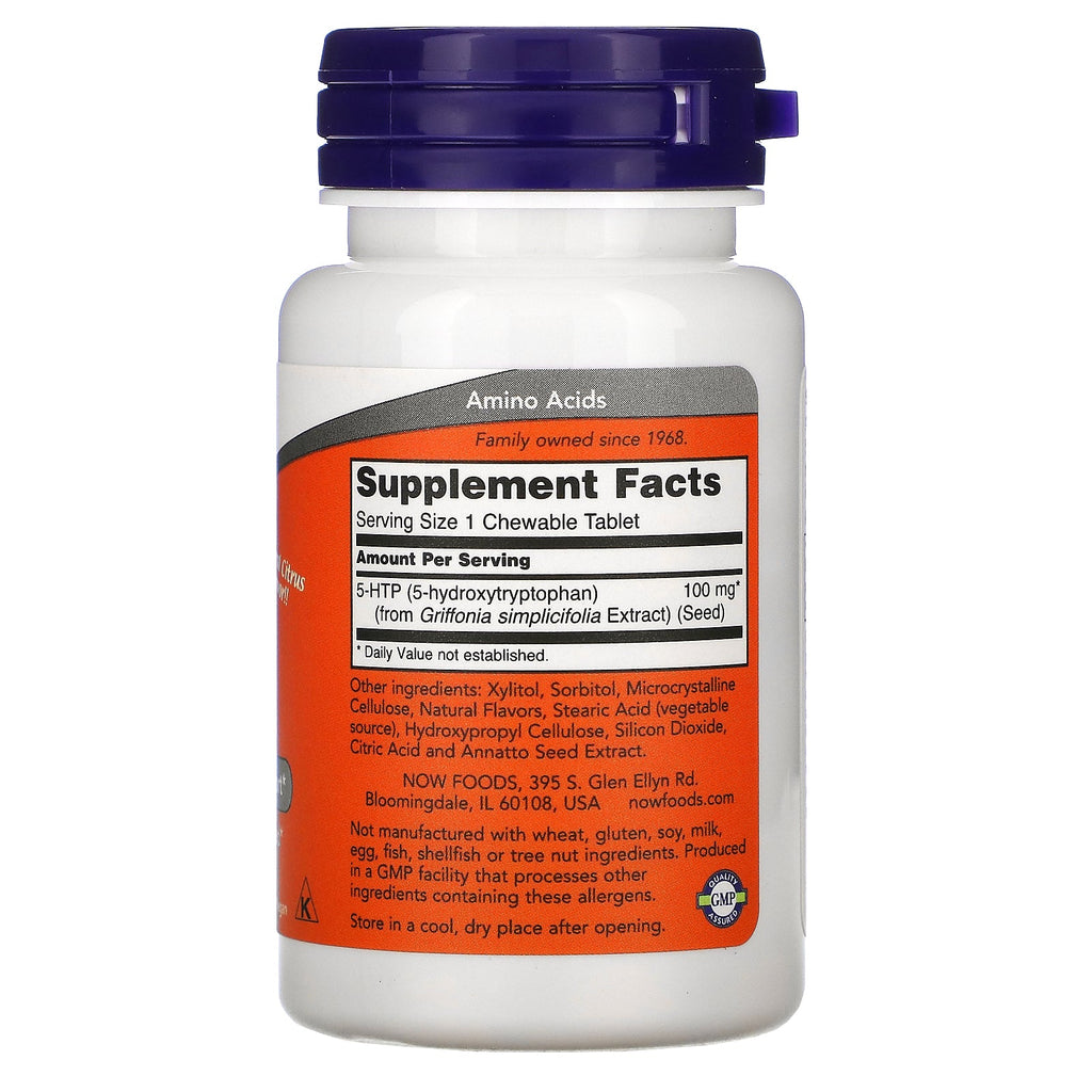 Now Foods, 5-HTP, naturlig citrus smag, 100 mg, 90 tyggevarer