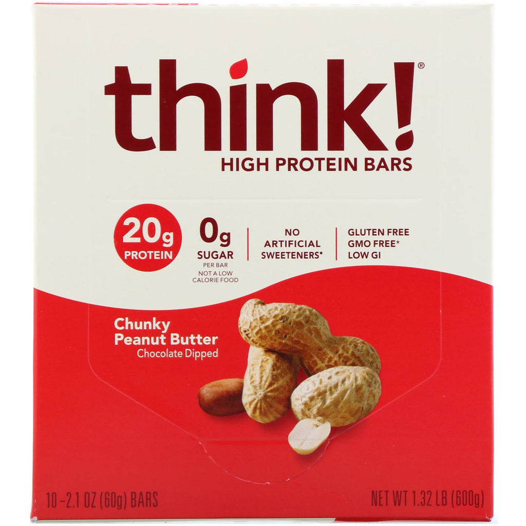 ThinkThin, High Protein Bars, Chunky Peanut Butter, 10 Bars, 2.1 oz (60 g) Each