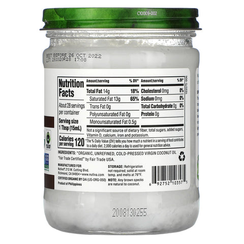 Nutiva,  Coconut Oil, Virgin, 14 fl oz (414 ml)