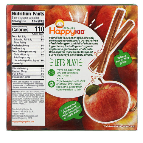 Happy Family s, Happy Kid, Apple + Cinnamon, Fruit & Oat Bar, 5 Bars, 0.99 oz (28 g) Each