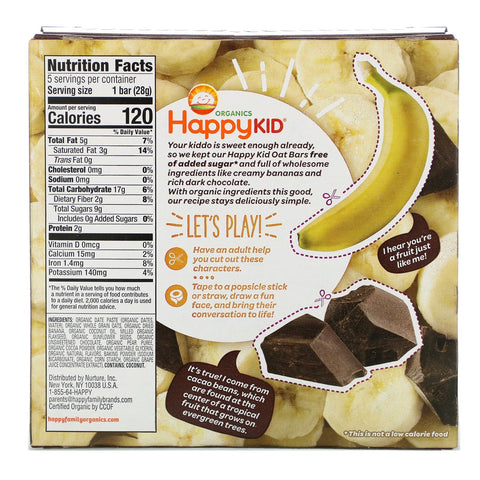 Happy Family s, Happy Kid, Banana + Chocolate, Fruit & Oat Bar, 5 Bars, 0.99 oz (28 g) Each