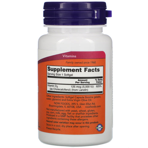 Now Foods, High Potency Vitamin D-3, 125 mcg (5,000 IU), 120 Softgels