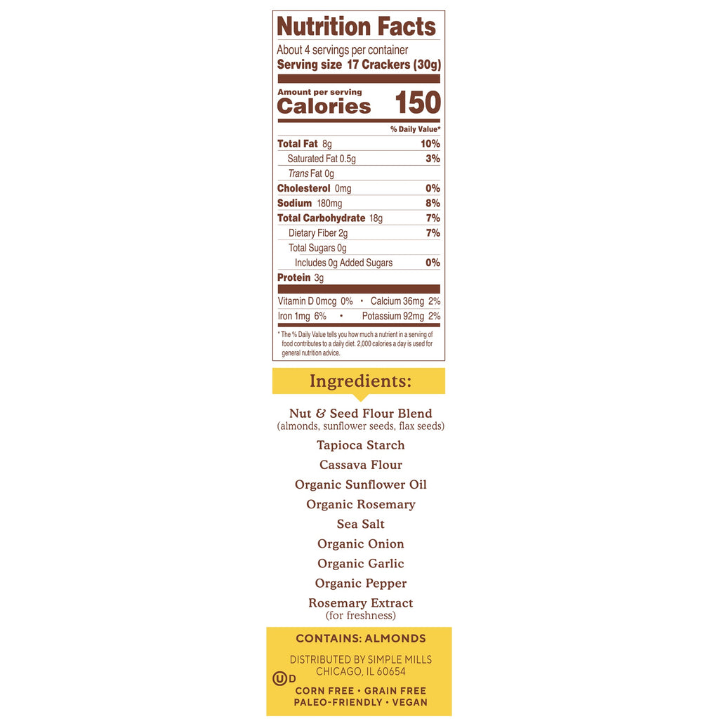 Simple Mills, naturligt glutenfri, mandelmel-crackers, rosmarin og havsalt, 4,25 oz (120 g)