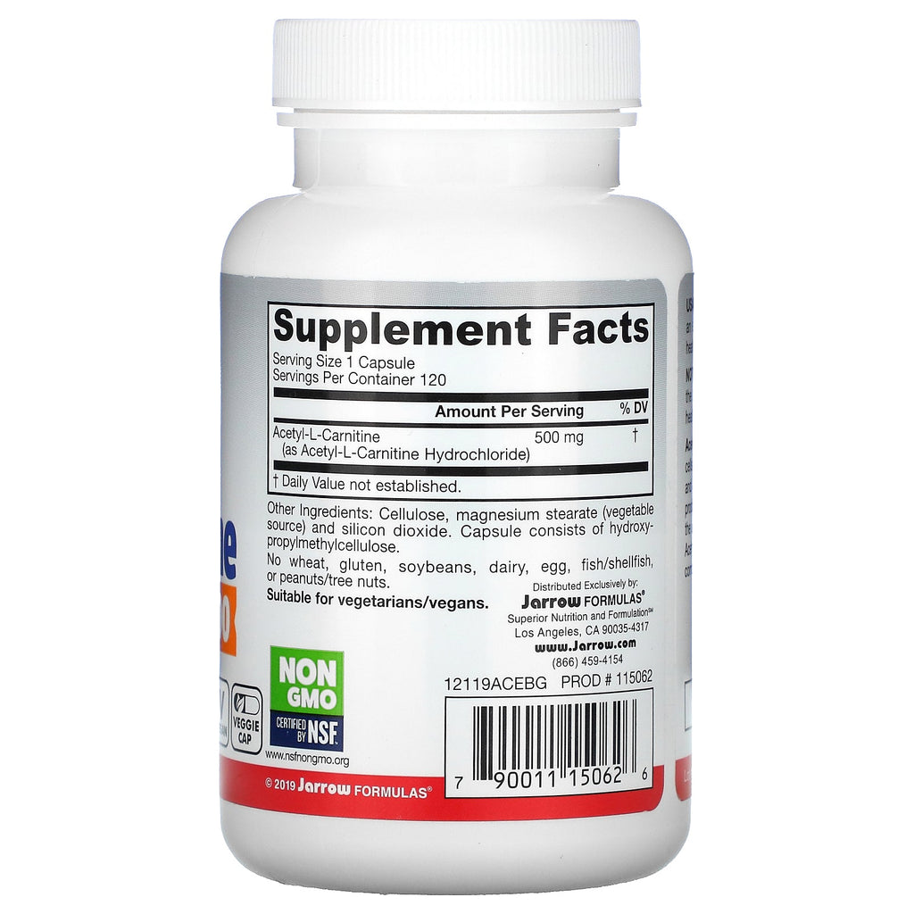 Jarrow Formulas, Acetil L-Carnitina, 500 mg, 120 cápsulas vegetales