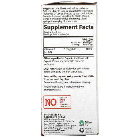 Garden of Life, Vitamina D3 líquida para bebés, 56 ml (1,9 oz. líq.)