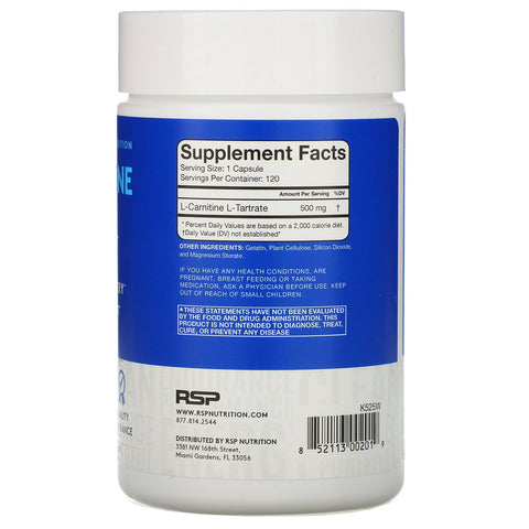 RSP Nutrition, L-Carnitina, Control de peso, 500 mg, 120 cápsulas