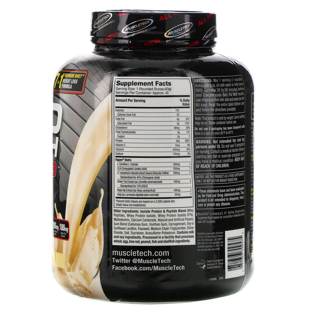 Muscletech, Nitro Tech Ripped, Ultimate Protein + Vægttab Formel, French Vanilla Swirl, 4 lbs (1,81 kg)