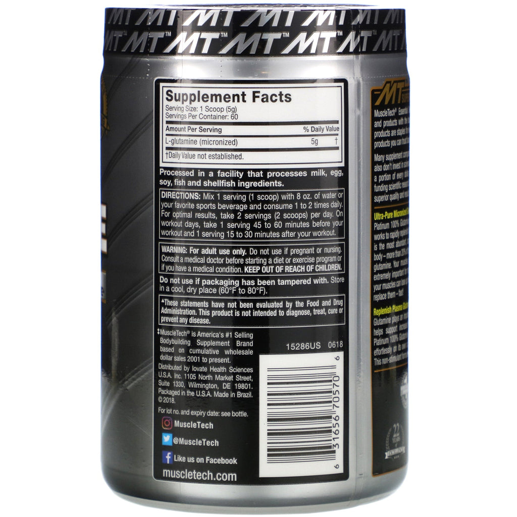 Muscletech, Essential Series, Platino 100 % glutamina, sin sabor, 5 g, 10,58 oz (300 g)