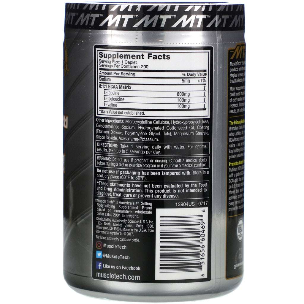 Muscletech, Platino 100 % BCAA 8:1:1, 1000 mg, 200 cápsulas