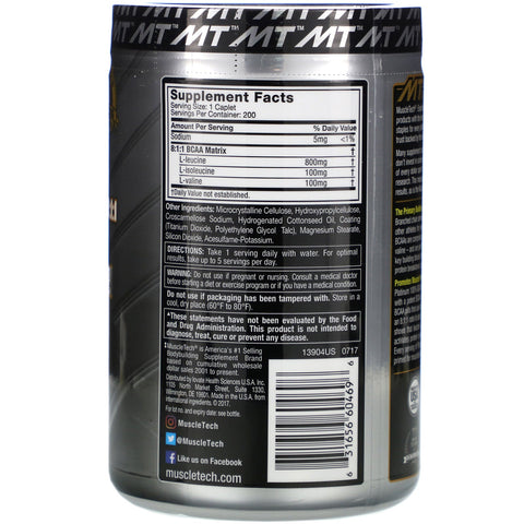 Muscletech, Platino 100 % BCAA 8:1:1, 1000 mg, 200 cápsulas