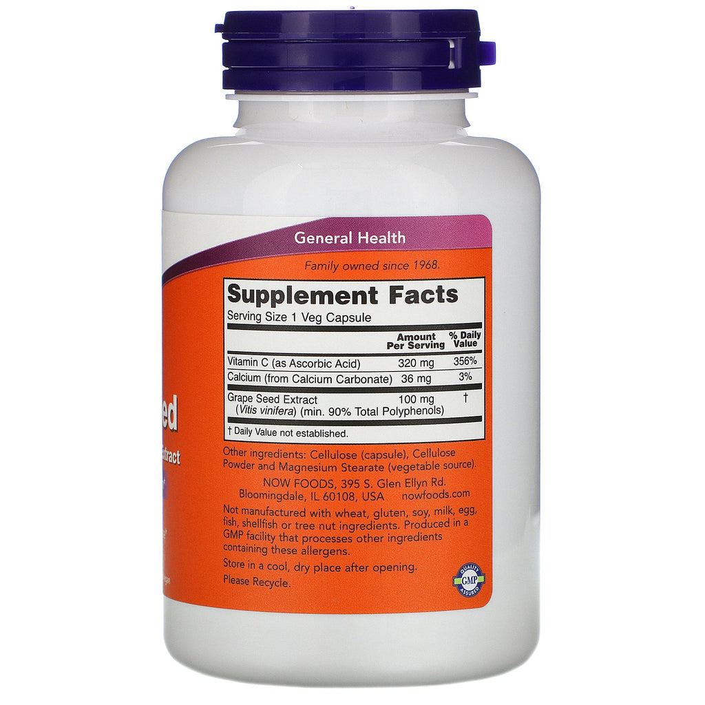 Now Foods, vindruekerner, standardiseret ekstrakt, 100 mg, 200 vegetabilske kapsler