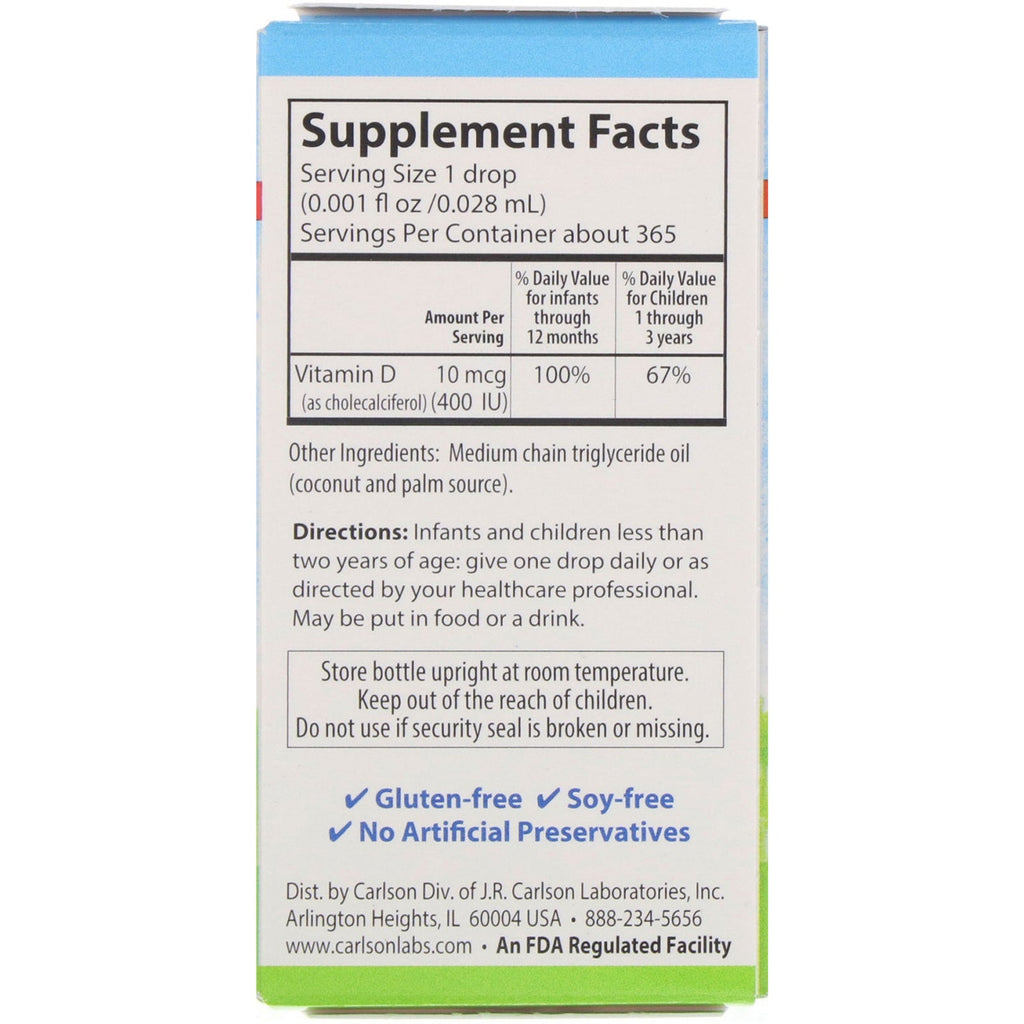 Carlson Labs, Baby's Super Daily D3, 10 mcg (400 IU), 0.35 fl oz (10.3 ml)