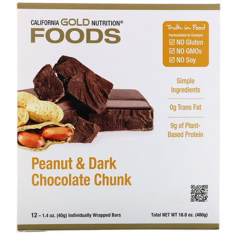 California Gold Nutrition, Foods, Peanut & Dark Chocolate Chunk Bars, 12 Bars, 1.4 oz (40 g) Each