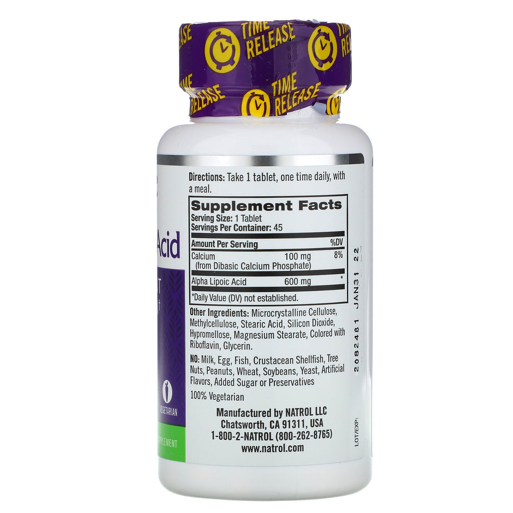 Natrol, Alpha Lipoic Acid, Time Release, 600 mg, 45 tabletter