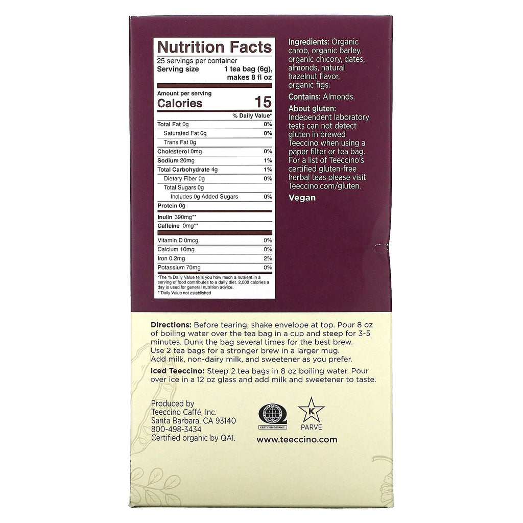 Teeccino, ristet urtete, hasselnød, koffeinfri, 25 teposer, 5,3 oz (150 g)