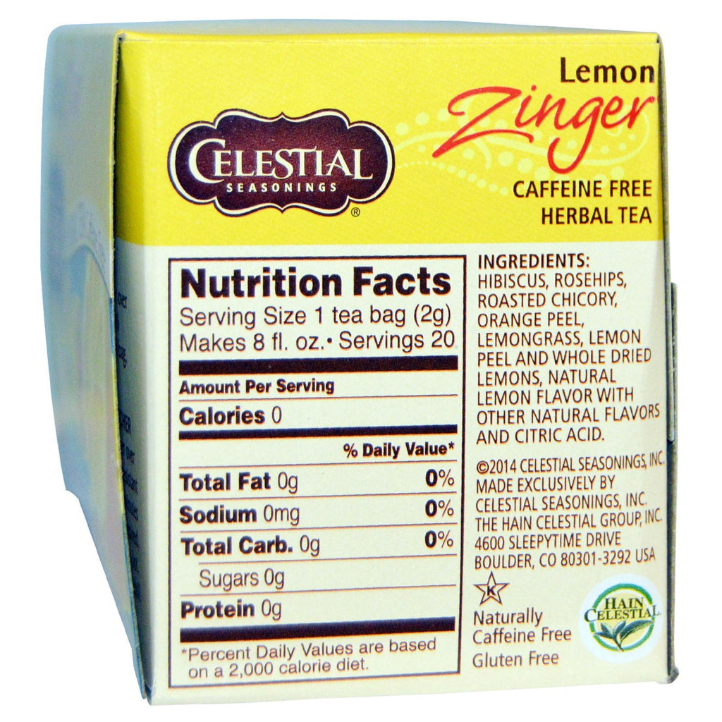 Himmelske krydderier, Urtete, Koffeinfri, Citron Zinger, 20 teposer, 1,7 oz (47 g)