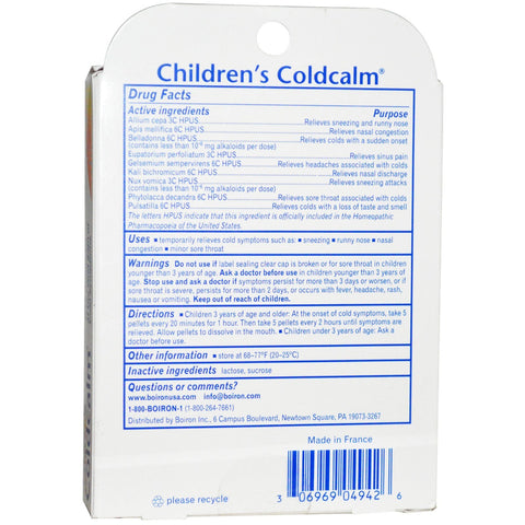 Boiron, Coldcalm, Children's Cold Relief, 3+ and Older, 2 Tubes, Approx 80 Quick Disolving Pellets Each