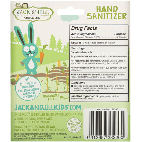 Jack n' Jill, Hand Sanitizer, Bunny, 2 Pack, 0.98 fl oz (29 ml) Each and 1 Case