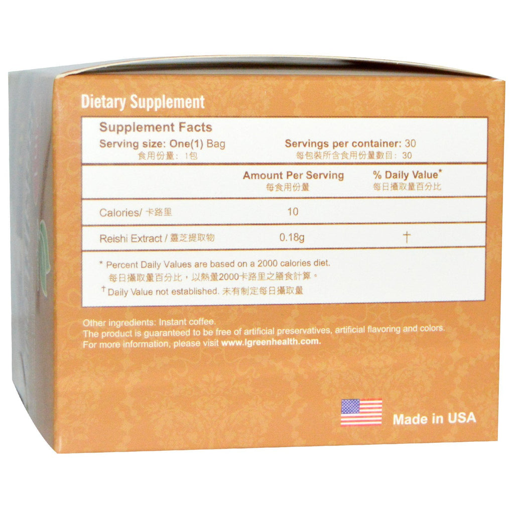 Longreen, 2 i 1 Reishi-kaffe, Reishi-svampe og kaffe, 30 poser, 65,4 g (2,3 oz) hver