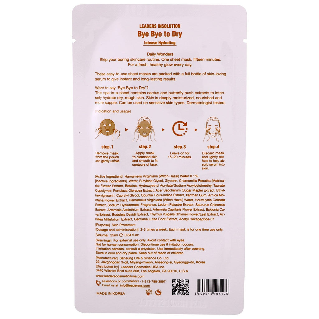 Leaders, Daily Wonders, Bye Bye to Dry, Intense Hydrating Mask, 1 Sheet, .84 fl oz (25 ml)