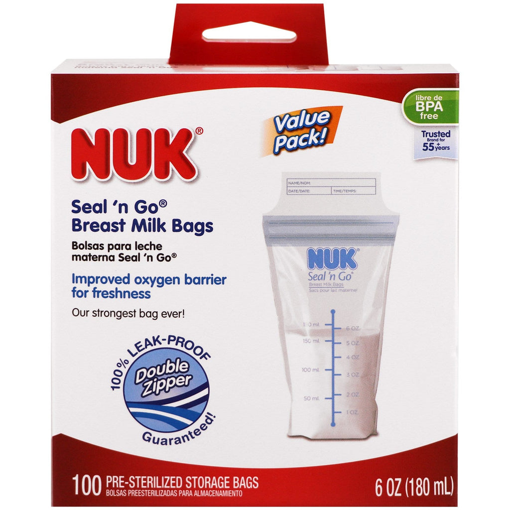 NUK, Seal 'n Go, Breast Milk Bags, 100 Pre-Sterilized Storage Bags, 6 oz (180 ml) Each