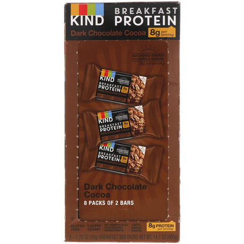 KIND Bars, Breakfast Protein, Dark Chocolate Cocoa, 8 Pack of 2 Bars, 1.76 oz (50 g) Each