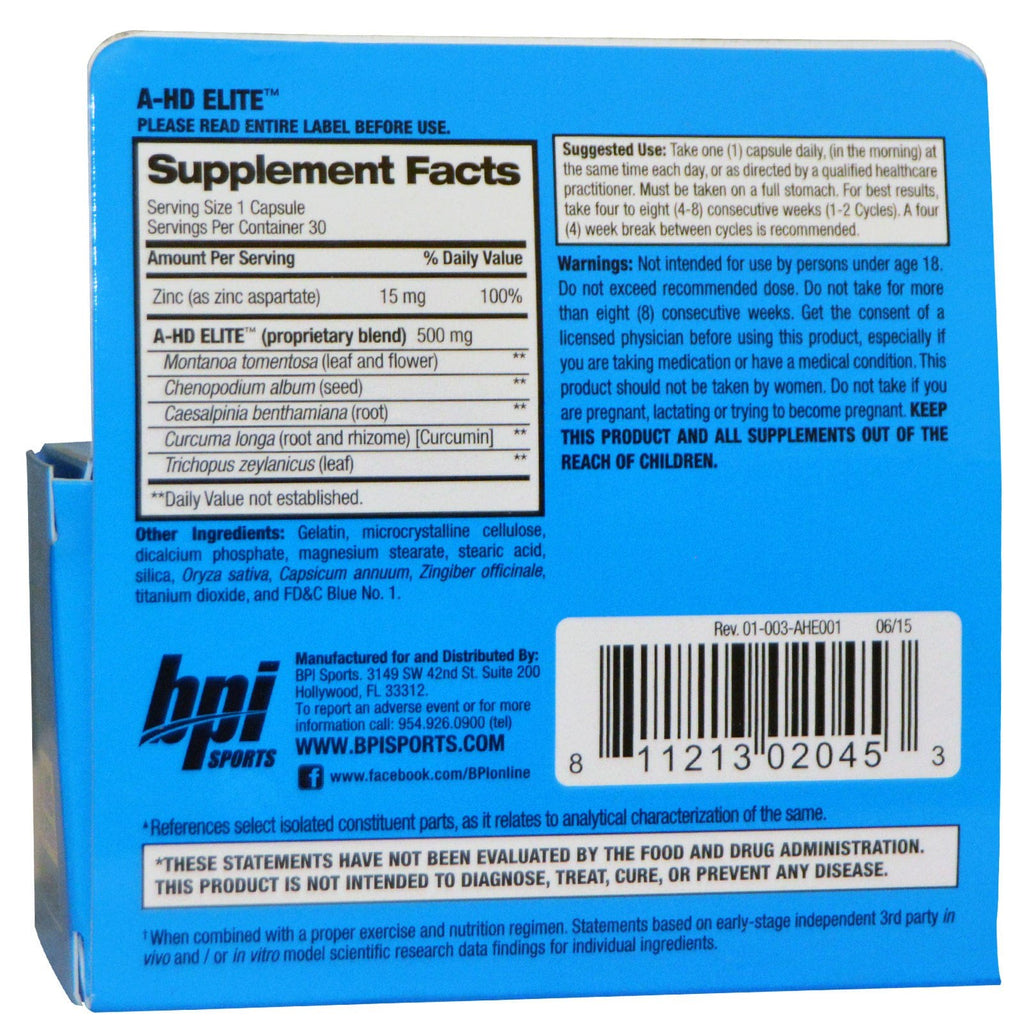 BPI Sports, A-HD Elite, 500 mg, 30 kapsler