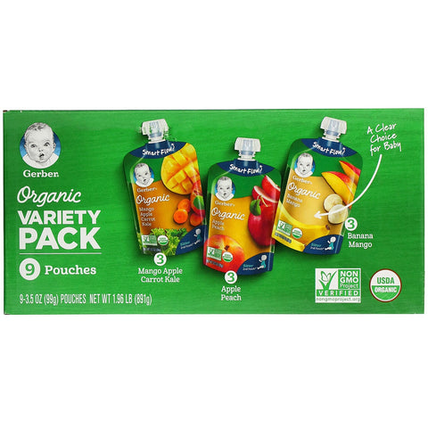 Gerber,  Variety Pack, Mango Apple Carrot Kale, Apple Peach, Banana Mango, 9 Pouches, 3.5 oz (99 g) Each