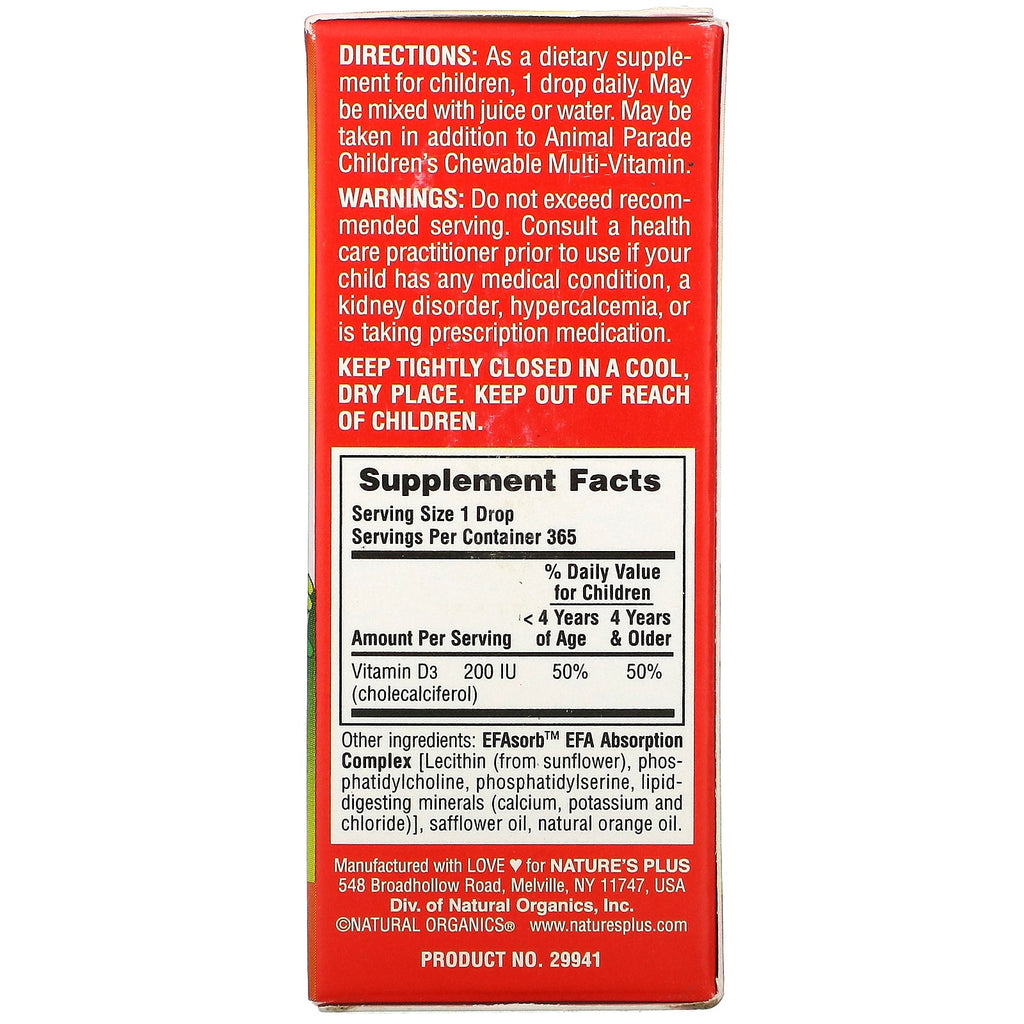 Nature's Plus, Source of Life, Animal Parade, Vitamin D3 Liquid Drops, Natural Orange Flavor, 200 IU, 0.34 fl oz (10 ml)