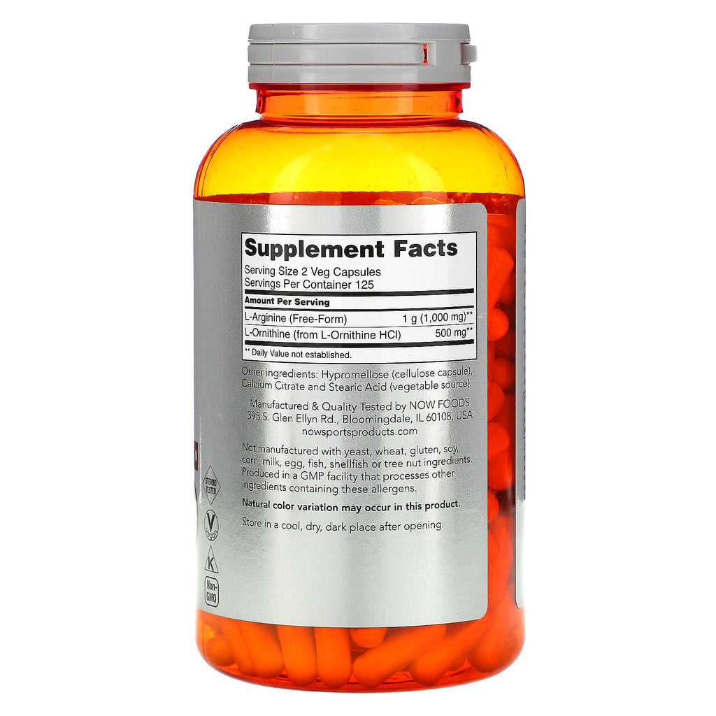 Now Foods, Sports, Arginine & Ornithine, 500 mg /250 mg, 250 Veg Capsules