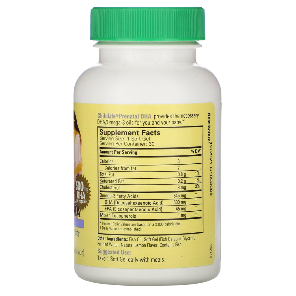 ChildLife, Prenatal DHA, Natural Lemon Flavor, 500 mg, 30 Soft Gel Capsules