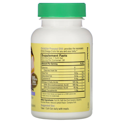 ChildLife, Prenatal DHA, Natural Lemon Flavor, 500 mg, 30 Soft Gel Capsules